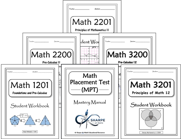 All six Sharpe At Math workbooks, including the Math Placement Test mastery manual
